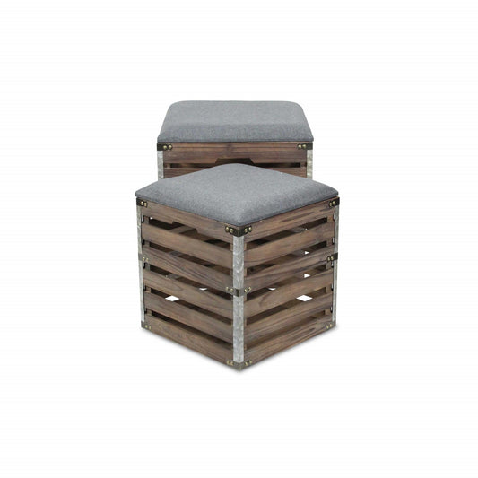 Set Of 2 Square Gray Linen Fabric And Wood Slats Storage Benches - Homeroots