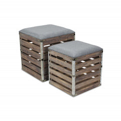 Set Of 2 Square Gray Linen Fabric And Wood Slats Storage Benches - Homeroots