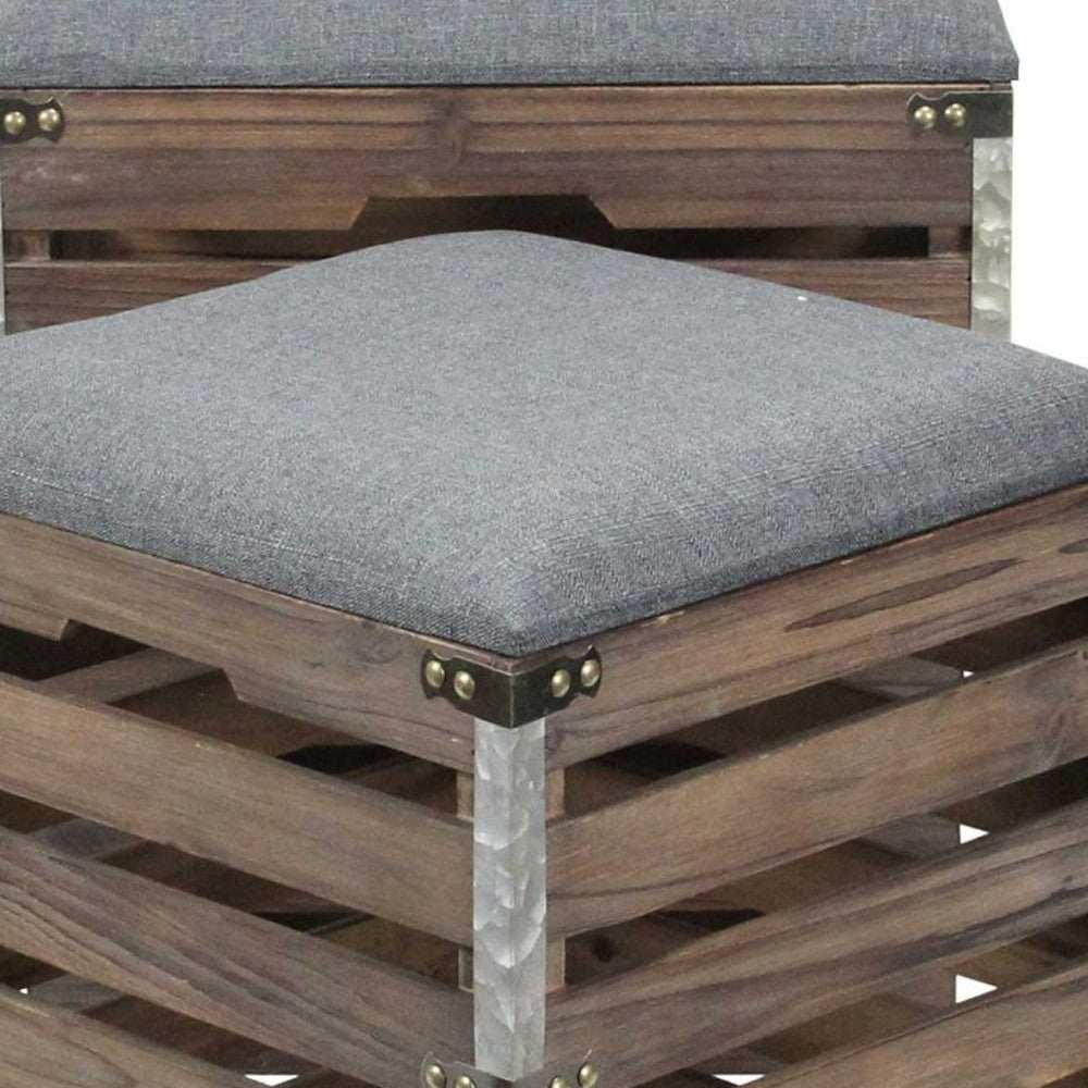 Set Of 2 Square Gray Linen Fabric And Wood Slats Storage Benches - Homeroots - Flyclothing LLC