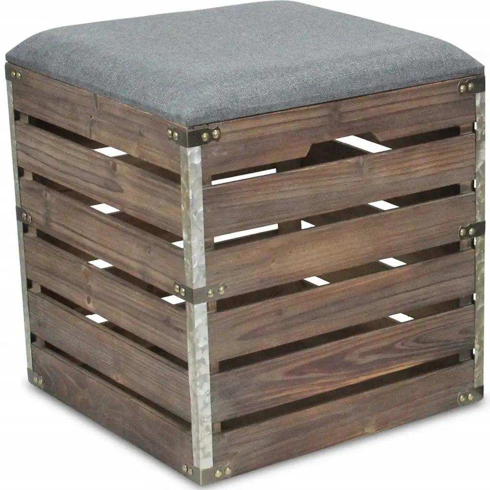 Set Of 2 Square Gray Linen Fabric And Wood Slats Storage Benches - Homeroots - Flyclothing LLC