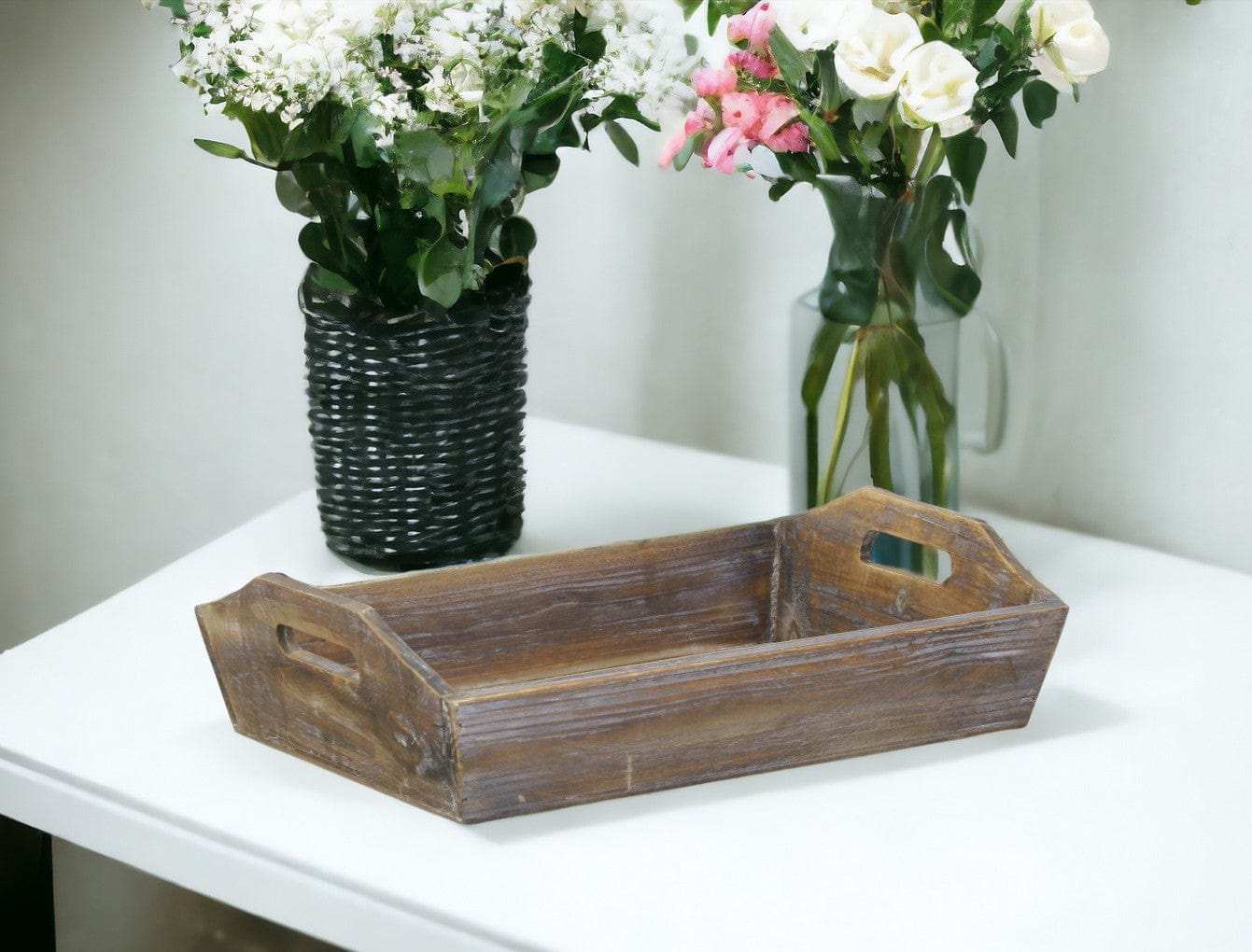 Dark Brown Finish Wood Serving Tray With Handles - Homeroots - Flyclothing LLC