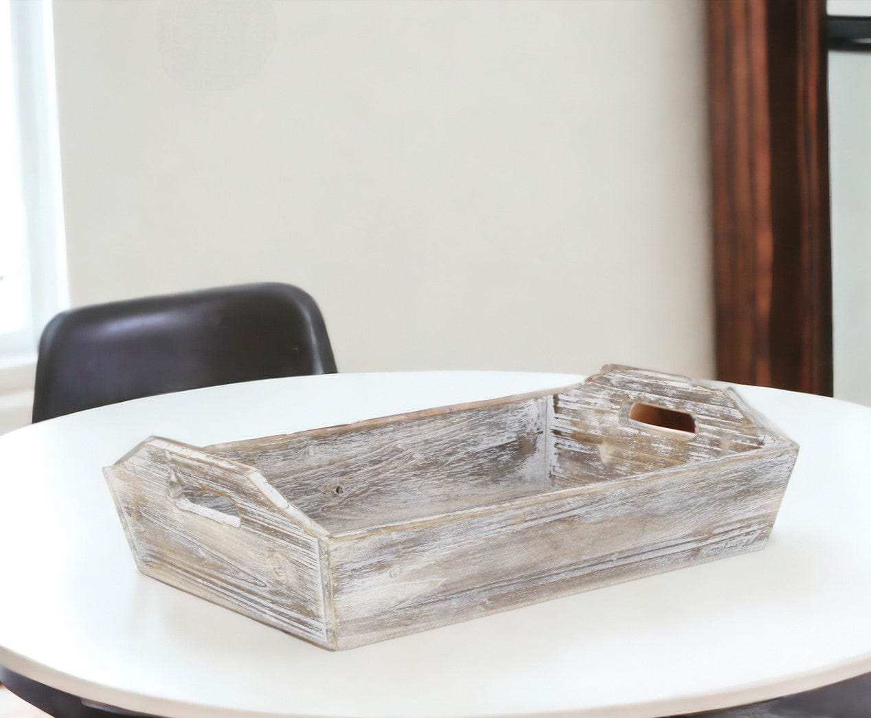 White Rustic Finish Wood Serving Tray With Handles - Homeroots - Flyclothing LLC