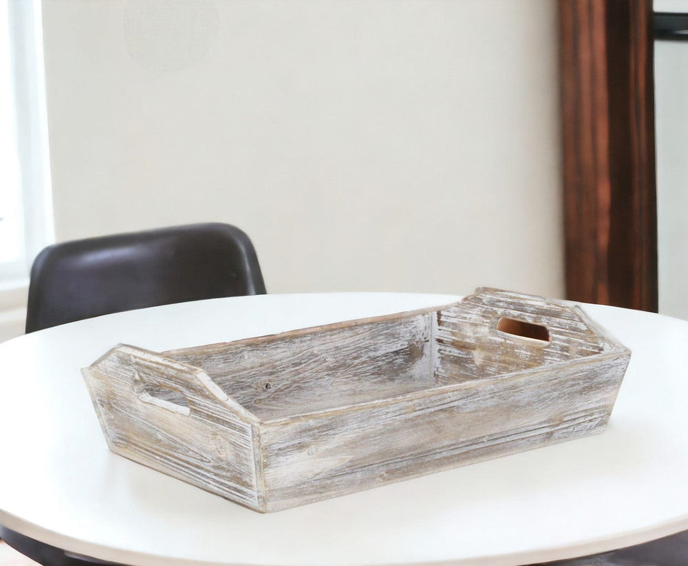 White Rustic Finish Wood Serving Tray With Handles - Homeroots