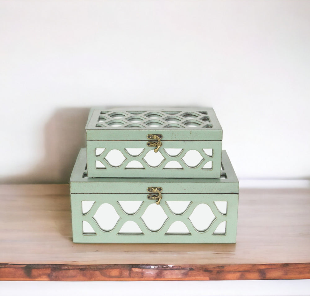 Set Of 2 Blue Wooden Boxes With Overlayed Mirror Panels - Homeroots