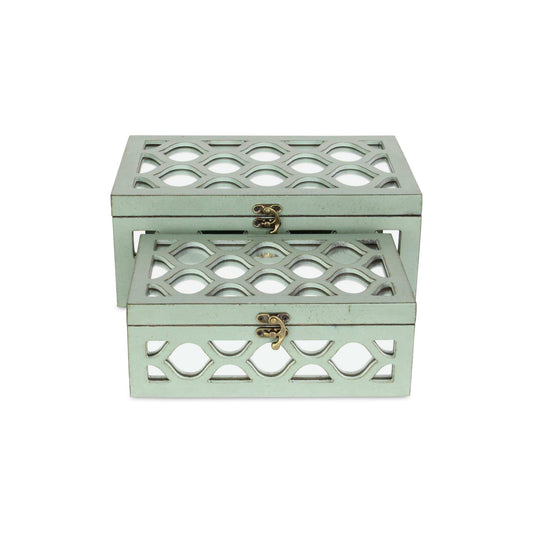 Set Of 2 Blue Wooden Boxes With Overlayed Mirror Panels - Homeroots - Flyclothing LLC