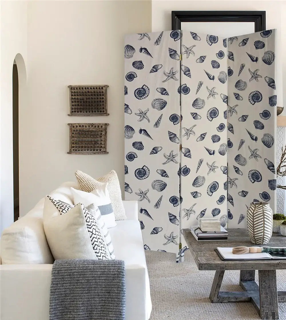 3 Panel Beige And Blue Soft Fabric Finish Room Divider - Homeroots - Flyclothing LLC