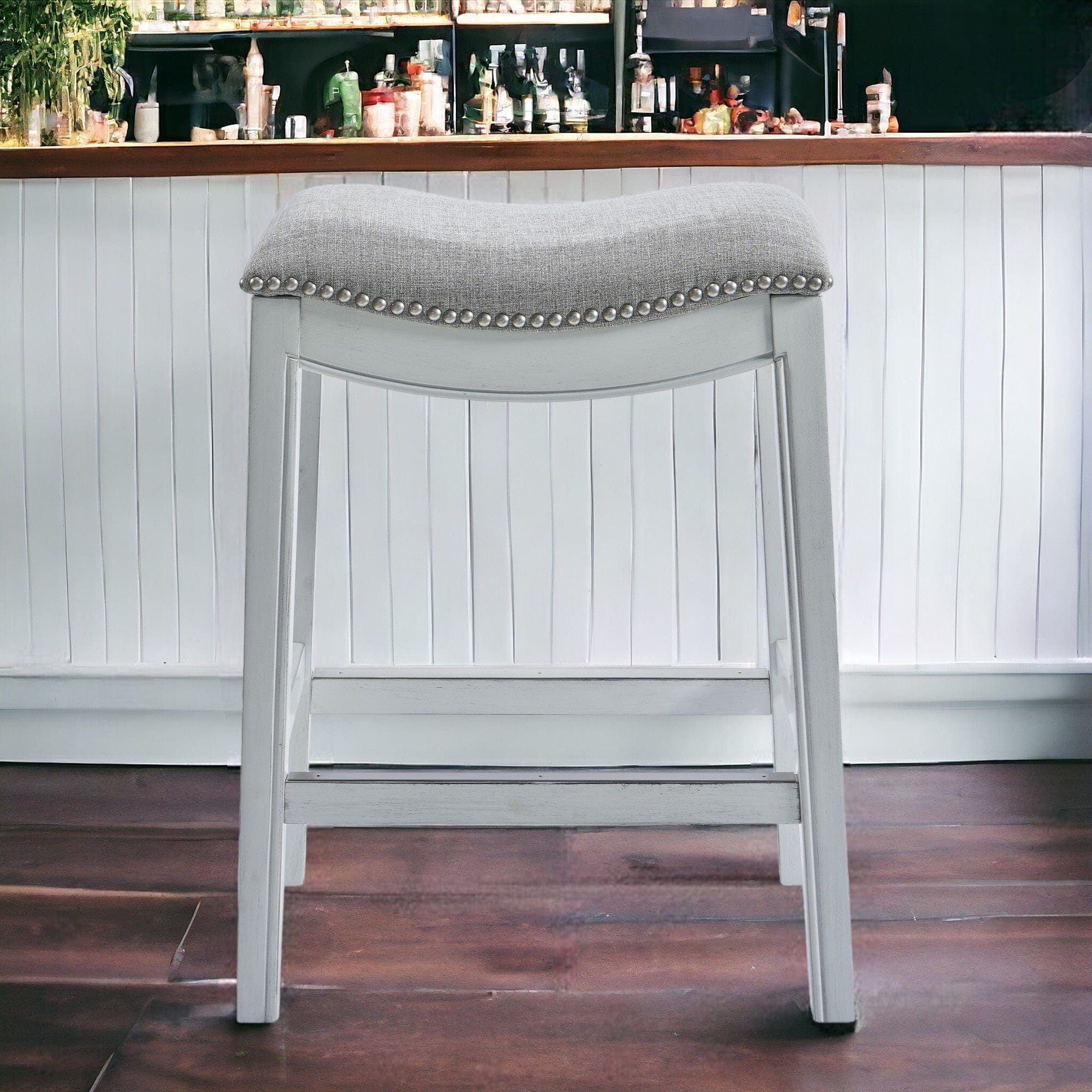 31" Light Gray And White Upholstered And Solid Wood Backless Bar Height Bar Chair - Homeroots - Flyclothing LLC