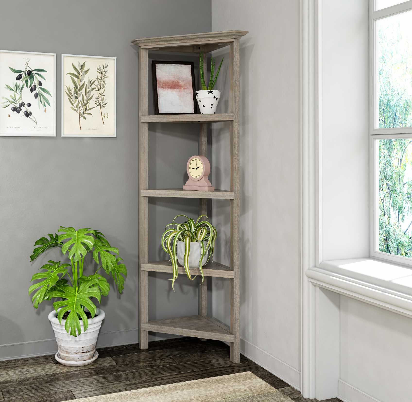 60" Washed Grey Solid Wood Corner Bookcase - Homeroots - Flyclothing LLC