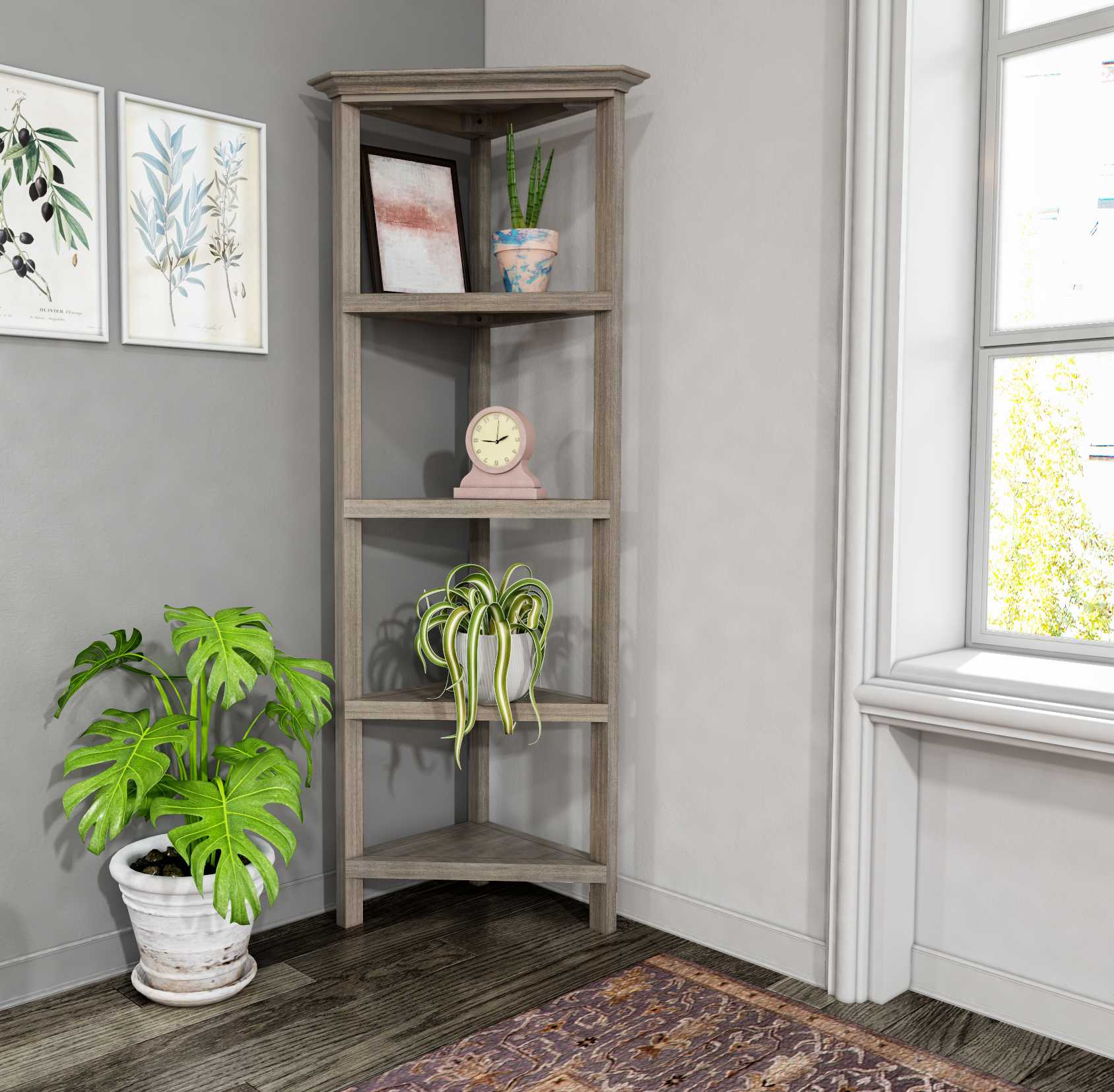 60" Washed Grey Solid Wood Corner Bookcase - Homeroots - Flyclothing LLC