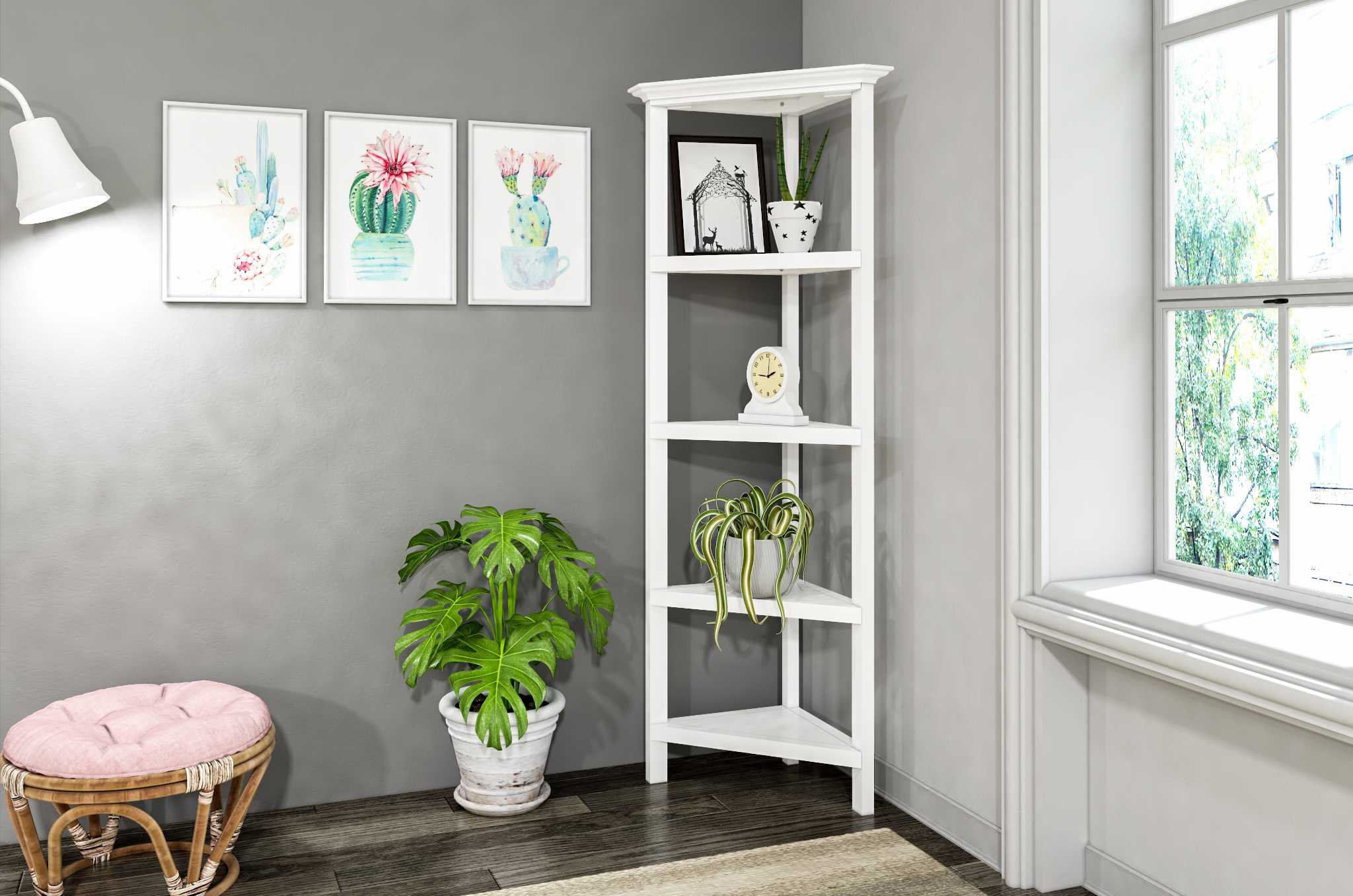 60" White Solid Wood Corner Bookcase - Homeroots