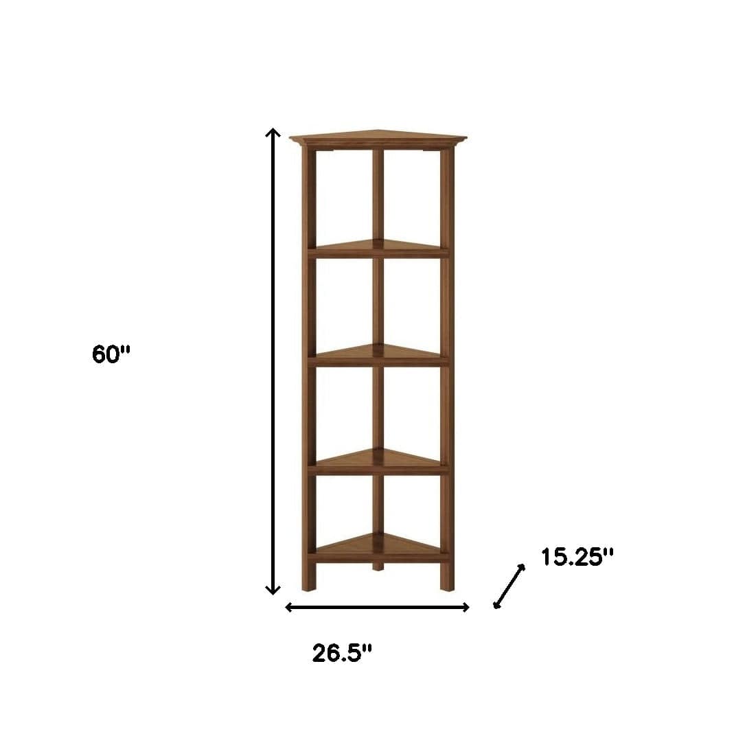 60" Walnut Solid Wood Four Tier Corner Bookcase - Homeroots - Flyclothing LLC