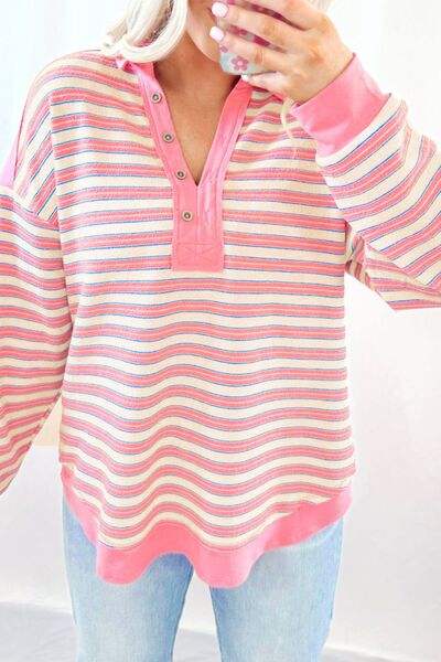 Striped Johnny Collar Long Sleeve Sweatshirt - Trendsi - Flyclothing LLC