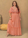 Plus Size Frill Embroidered V-Neck Half Sleeve Maxi Dress - Trendsi - Flyclothing LLC