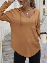 Drawstring Waffle Knit Long Sleeve Hooded Top - Trendsi - Flyclothing LLC