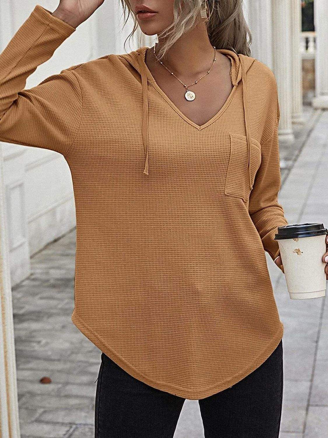 Drawstring Waffle Knit Long Sleeve Hooded Top - Trendsi - Flyclothing LLC