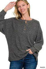 Zenana Full Size Ribbed Brushed Hacci Melange Henley Sweater Plus Size - Trendsi - Flyclothing LLC