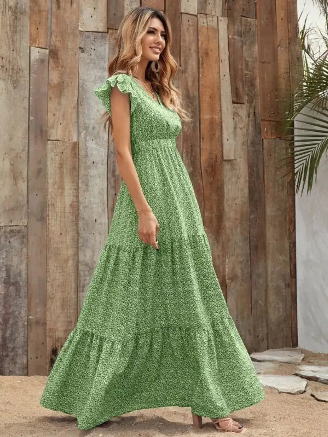 Printed V-Neck Ruffled Cap Sleeve Maxi Dress - Trendsi - Flyclothing LLC