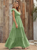 Printed V-Neck Ruffled Cap Sleeve Maxi Dress - Trendsi - Flyclothing LLC