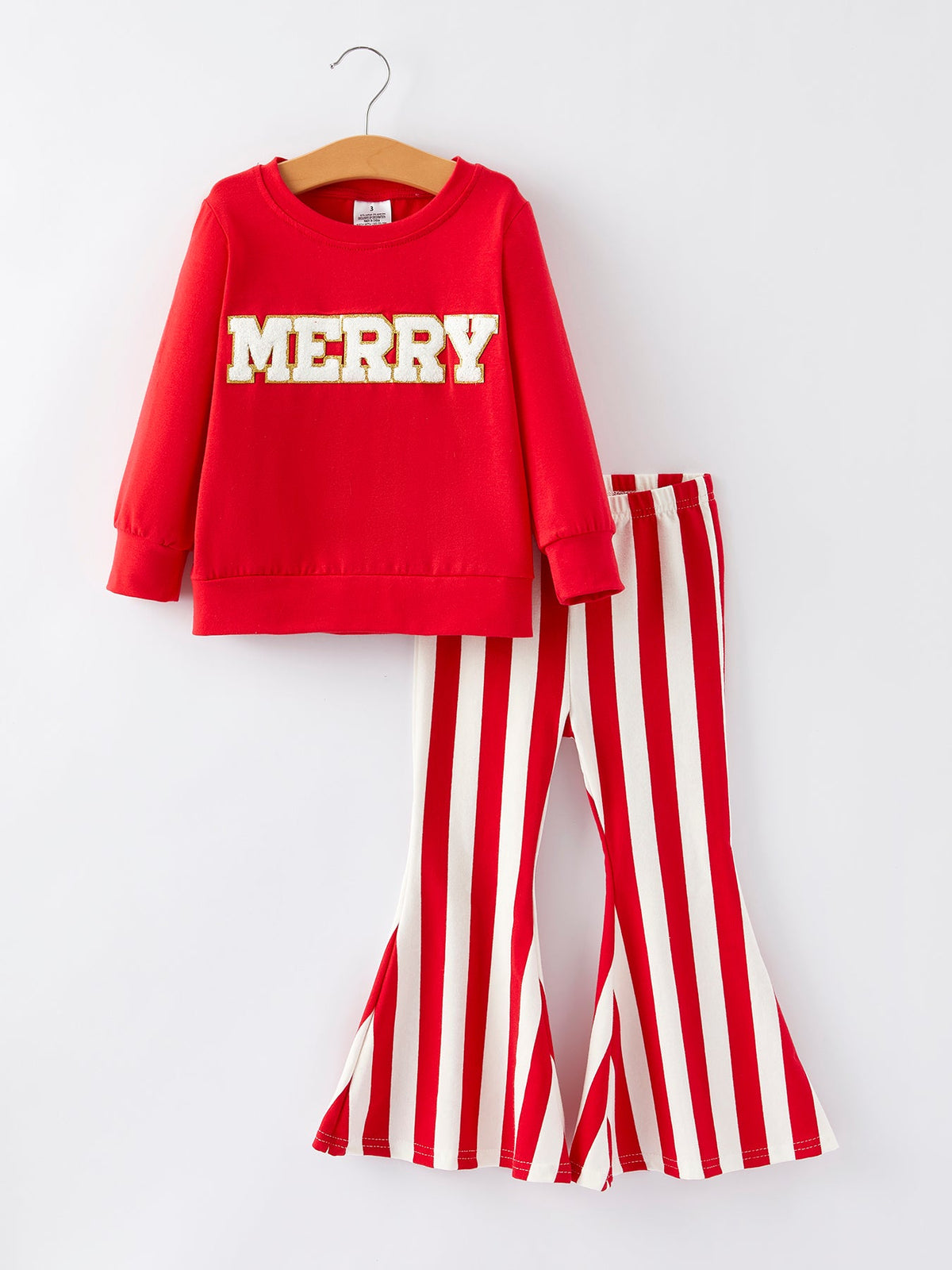 Christmas “MERRY” Applique Girls Striped Bell-bottom Pants Outfit Set - Rylee Faith Designs - Flyclothing LLC