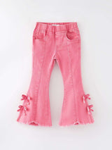 Girls Pink Bow Flared Elastic Denim Pants - Rylee Faith Designs - Flyclothing LLC