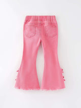 Girls Pink Bow Flared Elastic Denim Pants - Rylee Faith Designs - Flyclothing LLC