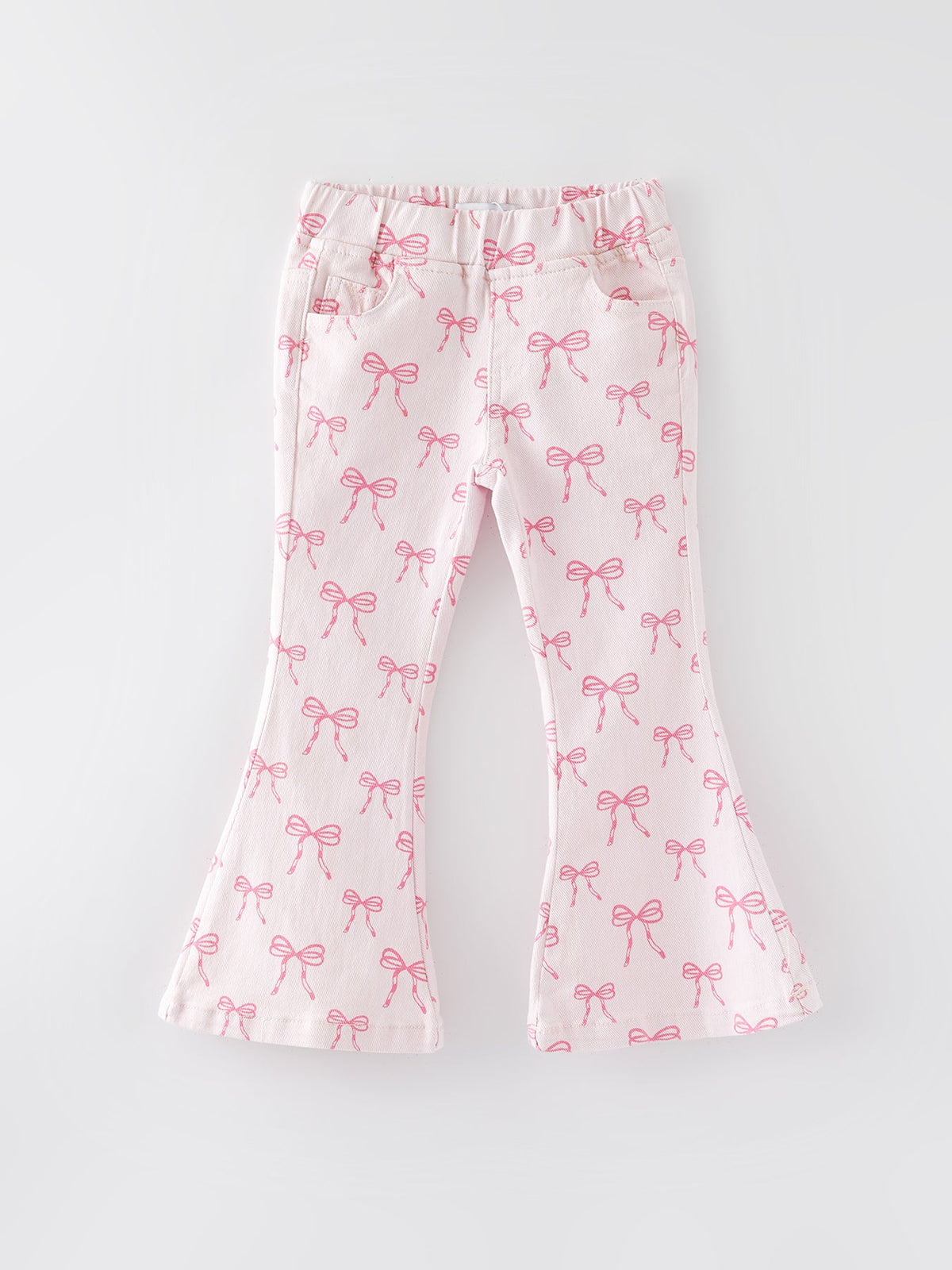 Fall Girls Pink Bow Print Elastic Flared Jeans Denim pant - Rylee Faith Designs - Flyclothing LLC