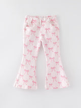 Fall Girls Pink Bow Print Elastic Flared Jeans Denim pant - Rylee Faith Designs - Flyclothing LLC