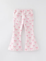 Fall Girls Pink Bow Print Elastic Flared Jeans Denim pant - Rylee Faith Designs - Flyclothing LLC