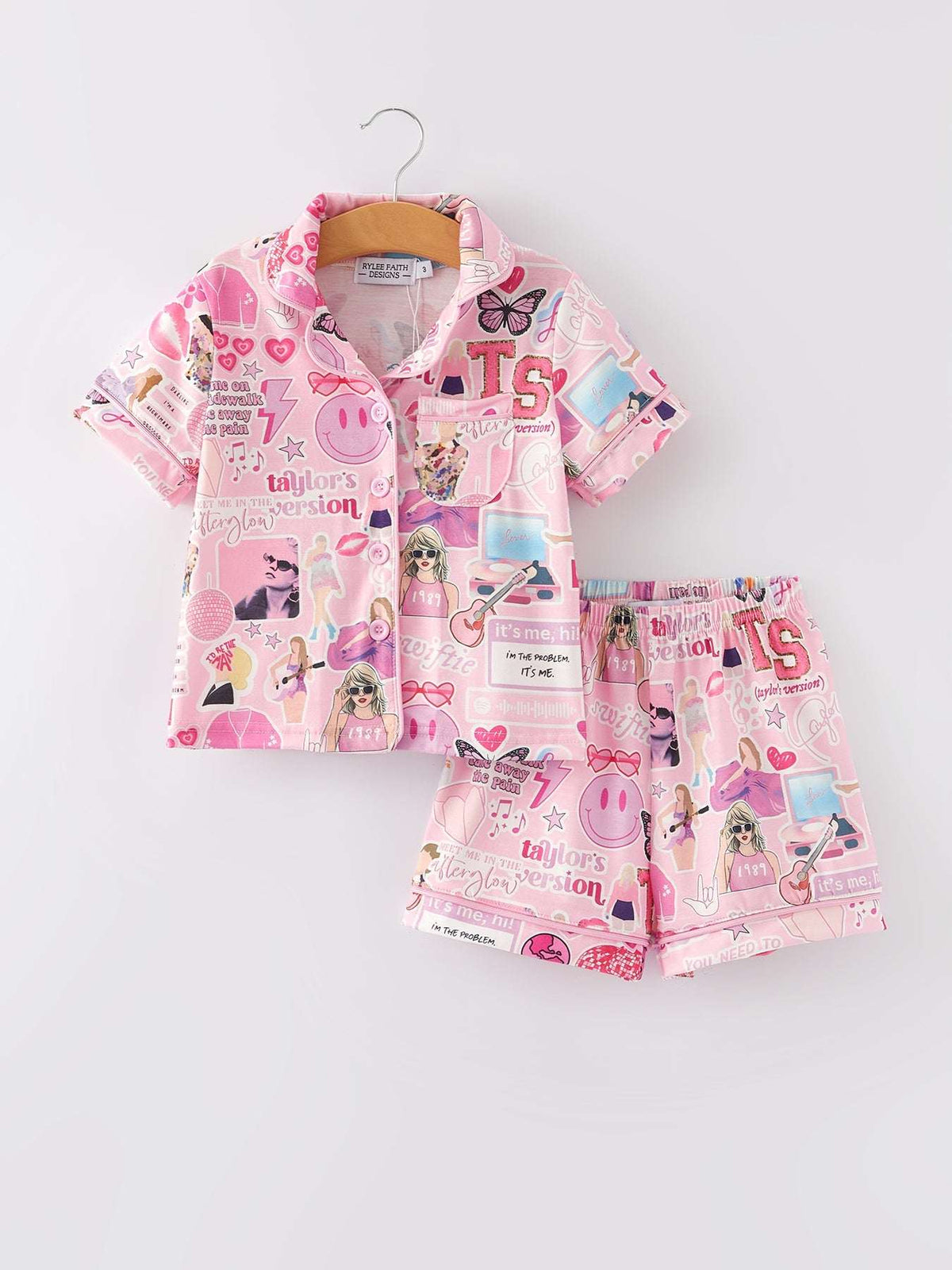 Pink TS Lapel Button Short Sleeve Shorts Pajama Set - Rylee Faith Designs - Flyclothing LLC