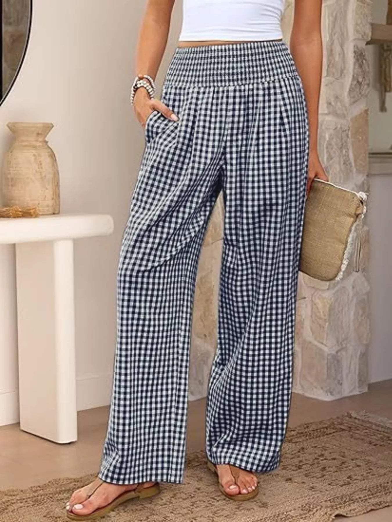 Gingham Wide-Leg Pants - Trendsi - Flyclothing LLC