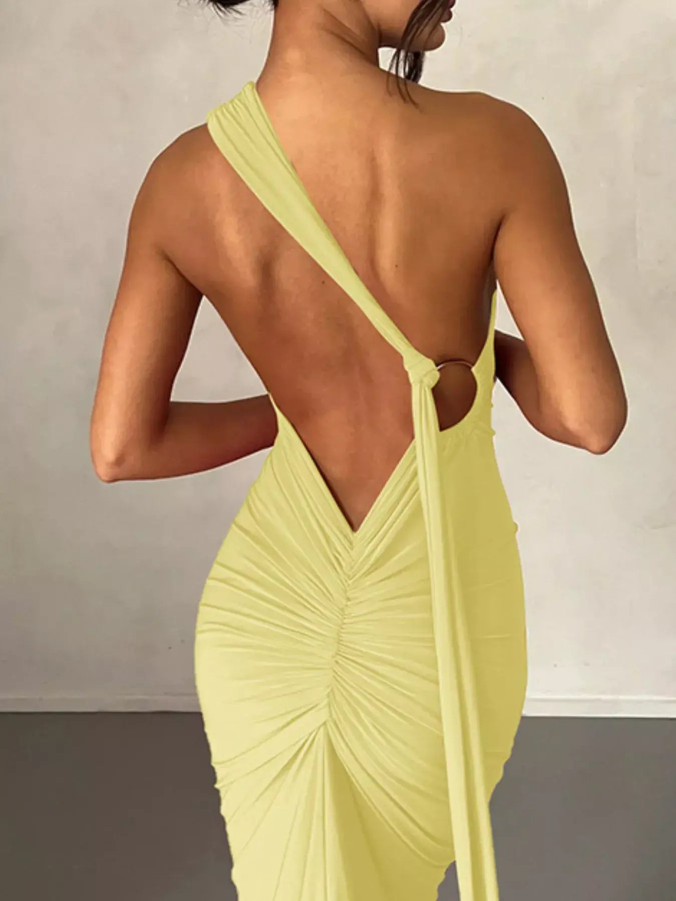 Backless One-Shoulder Ruched Bodycon Maxi Dress - Trendsi - Flyclothing LLC