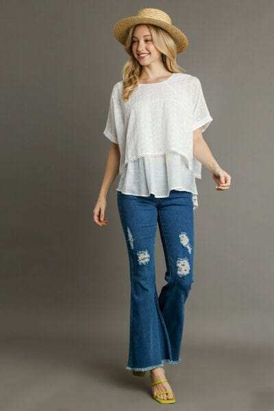 Umgee Full Size Eyelet Layered Short Sleeve Blouse Plus Size - Trendsi - Flyclothing LLC