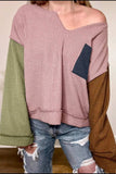 Color Block Textured Notched Long Sleeve Top - Trendsi - Flyclothing LLC