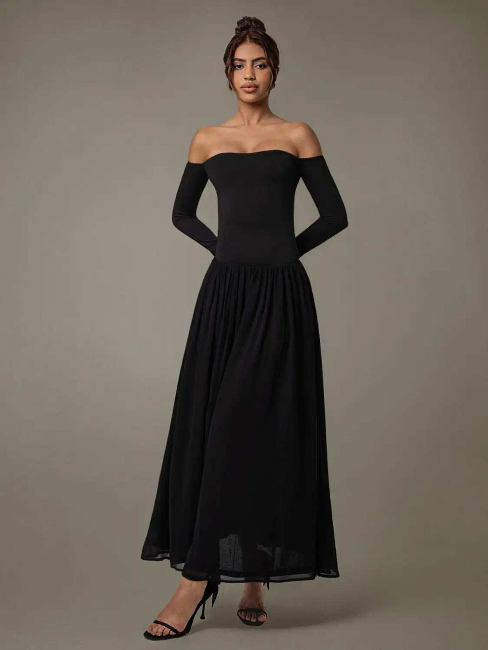 Off Shoulder Long Sleeve Maxi Dress - Trendsi - Flyclothing LLC