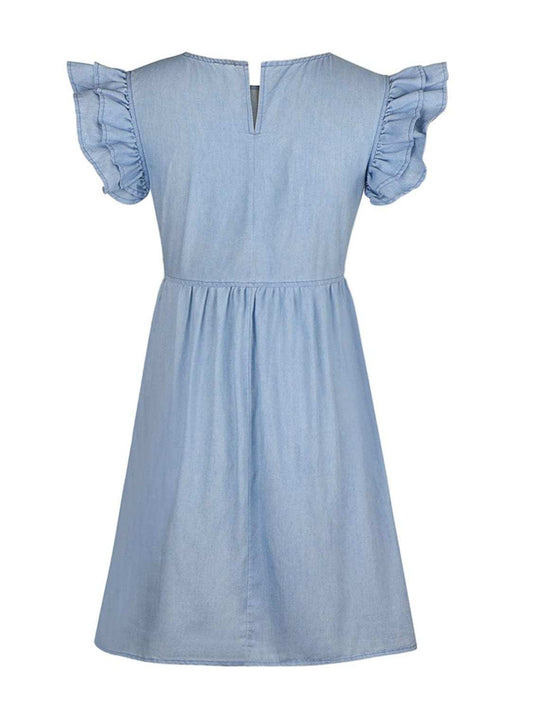 Full Size Ruffled Round Neck Cap Sleeve Denim Dress - Trendsi - Flyclothing LLC