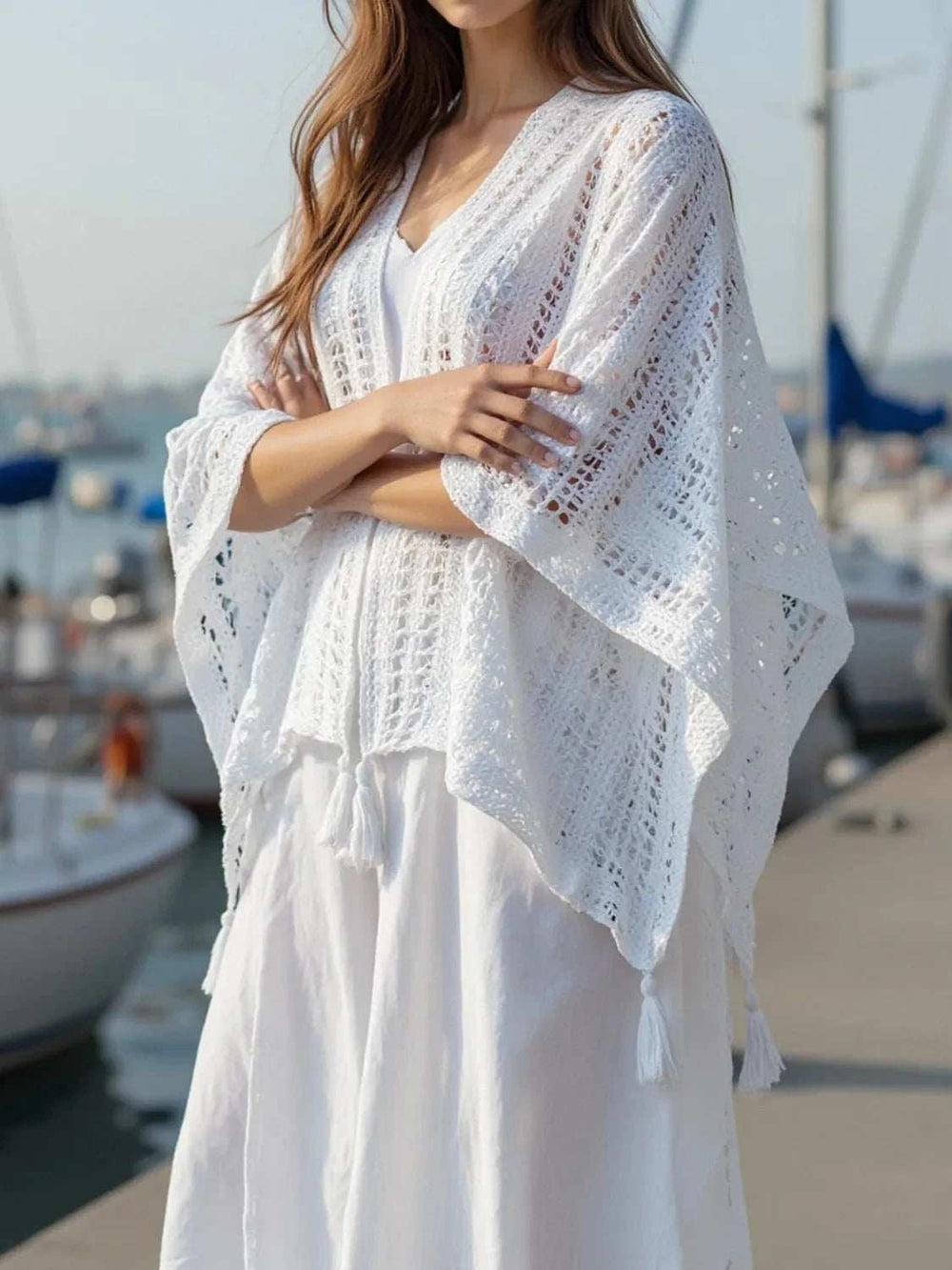 Openwork Tassel Open Front Knit Cover Up - Trendsi - Flyclothing LLC