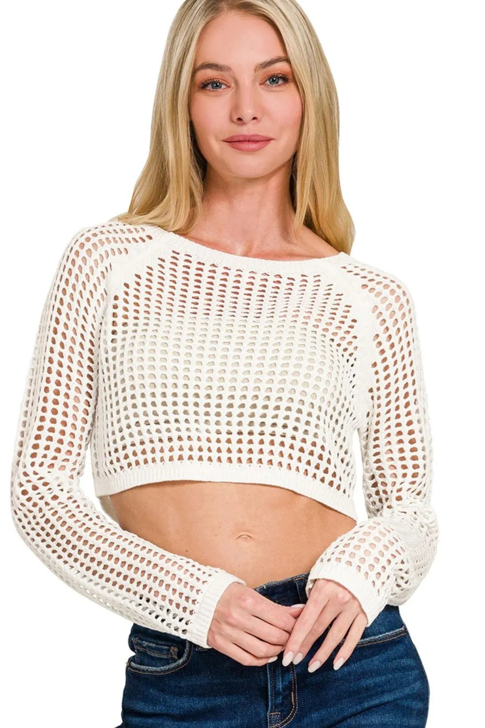 Zenana Hollow Knitted Cropped Round Neck Sweater - Trendsi