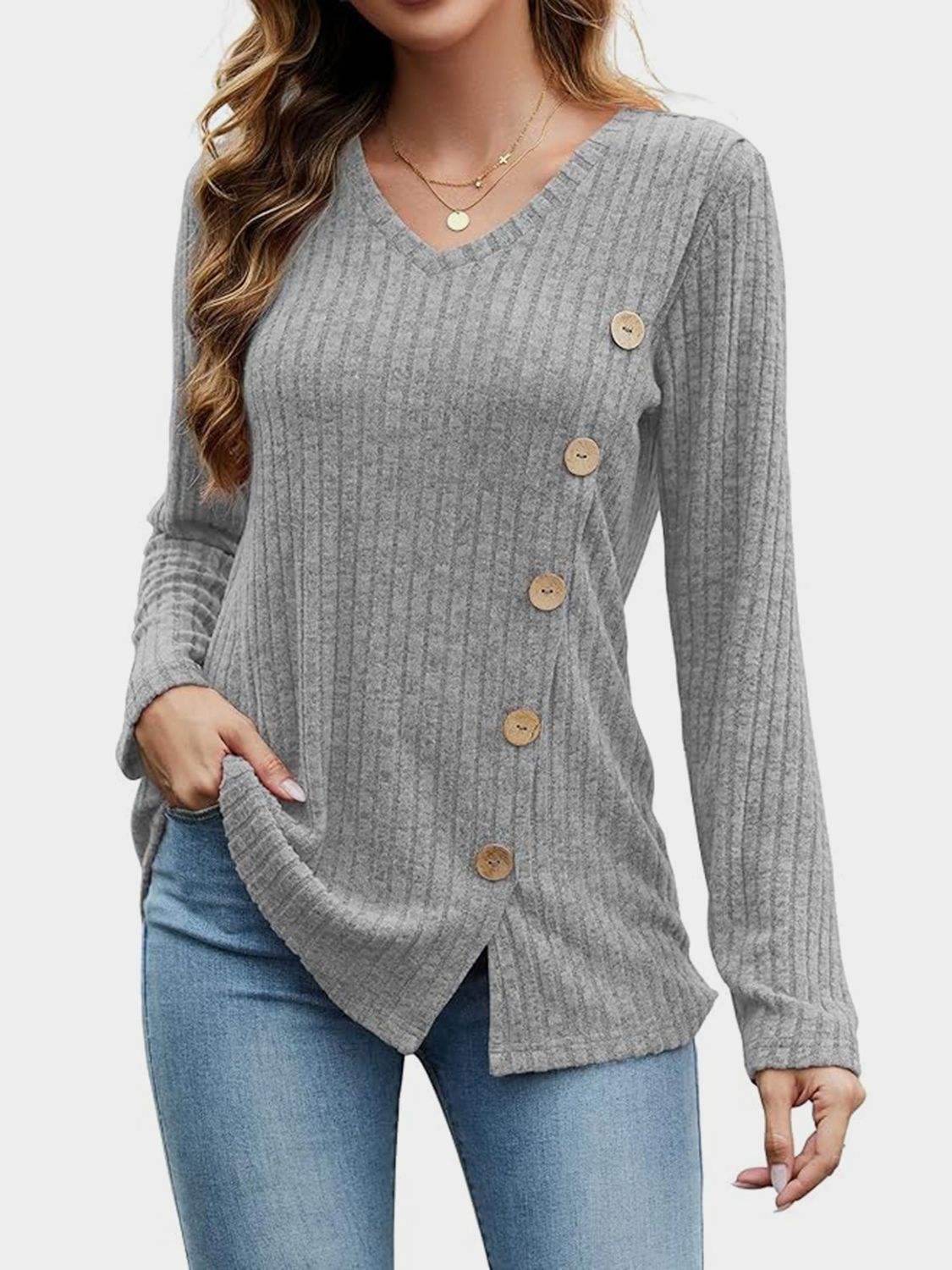V-Neck Long Sleeve T-Shirt - Trendsi - Flyclothing LLC