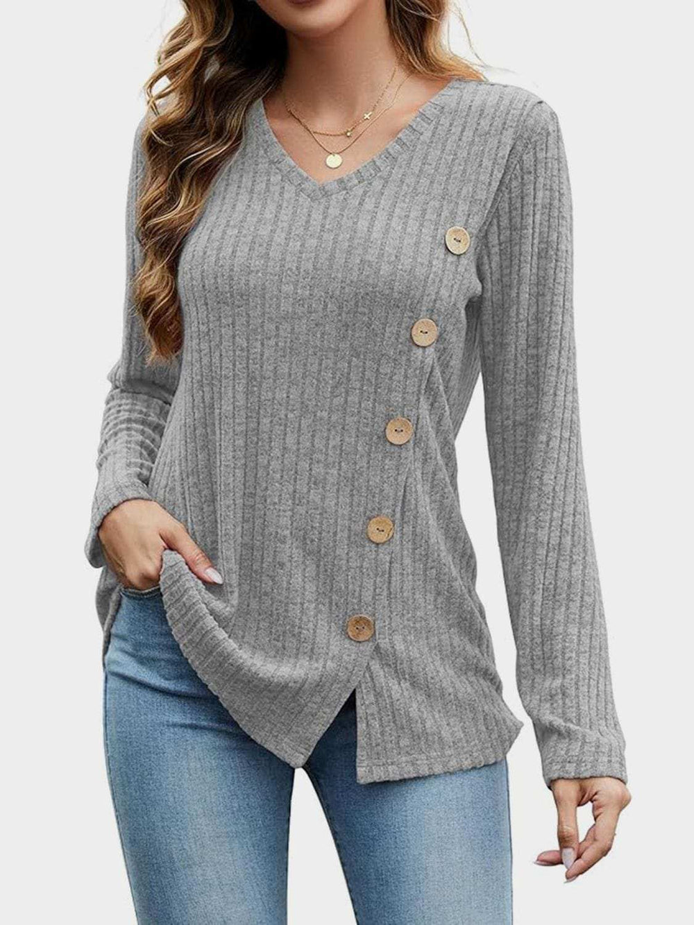 V-Neck Long Sleeve T-Shirt - Trendsi - Flyclothing LLC