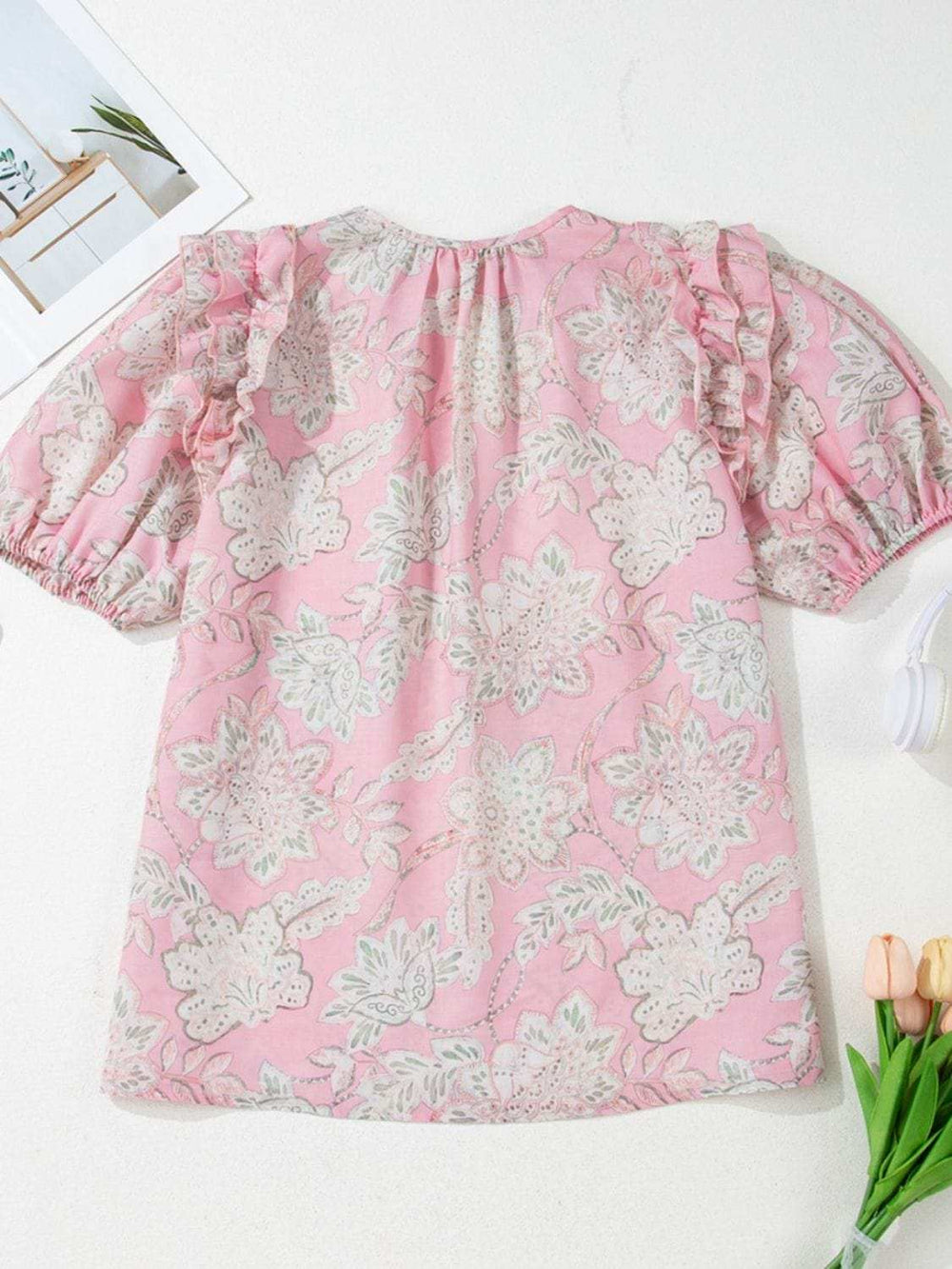 Floral Tie Neck Puff Sleeve Blouse - Trendsi - Flyclothing LLC