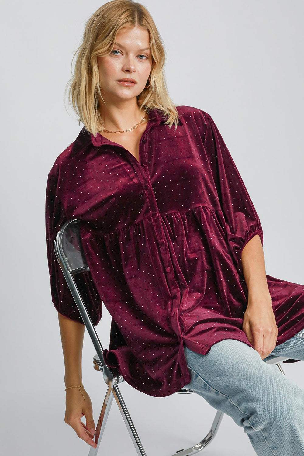 Umgee Full Size Polka Dot Button Up Half Sleeve Shirt - Trendsi - Flyclothing LLC
