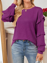 Ruffled Long Sleeve Knit T-Shirt - Trendsi - Flyclothing LLC