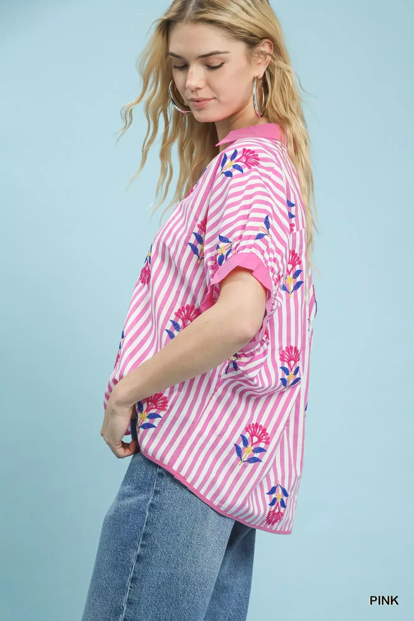 Umgee Stripe Embroidered Button-Front Boho Blouse - Trendsi - Flyclothing LLC