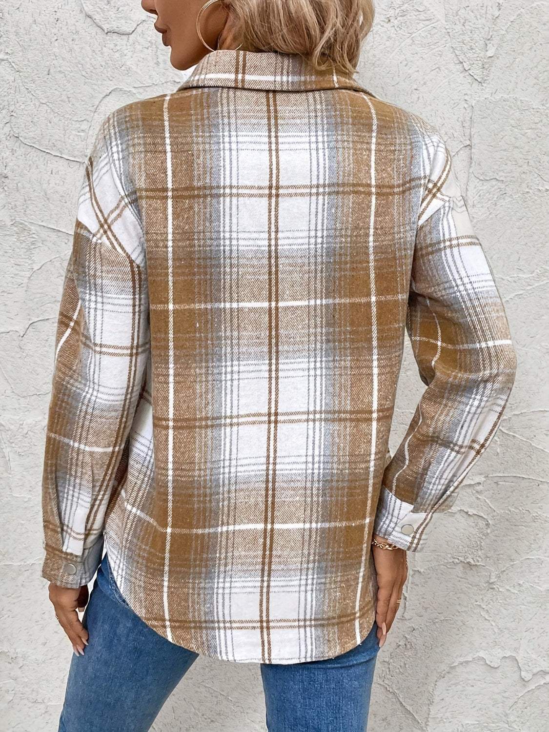 Plaid Collared Neck Half Zip Long Sleeve Top - Trendsi - Flyclothing LLC