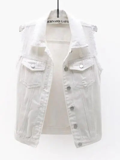 Full Size Button Down Raw Hem Sleeveless Denim Jacket Plus Size - Trendsi - Flyclothing LLC