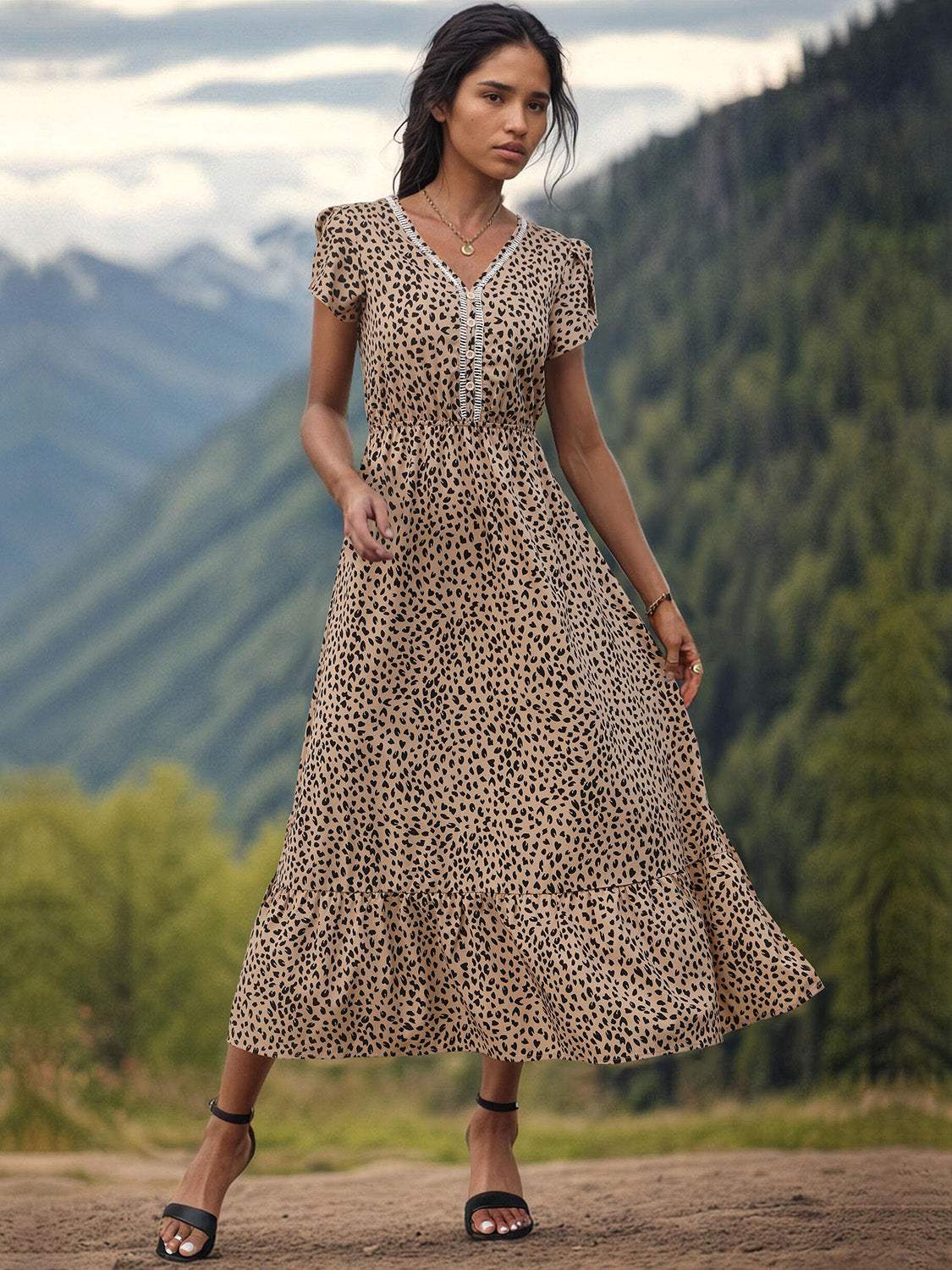 Slit Printed V-Neck Short Sleeve Dress - Trendsi - Flyclothing LLC