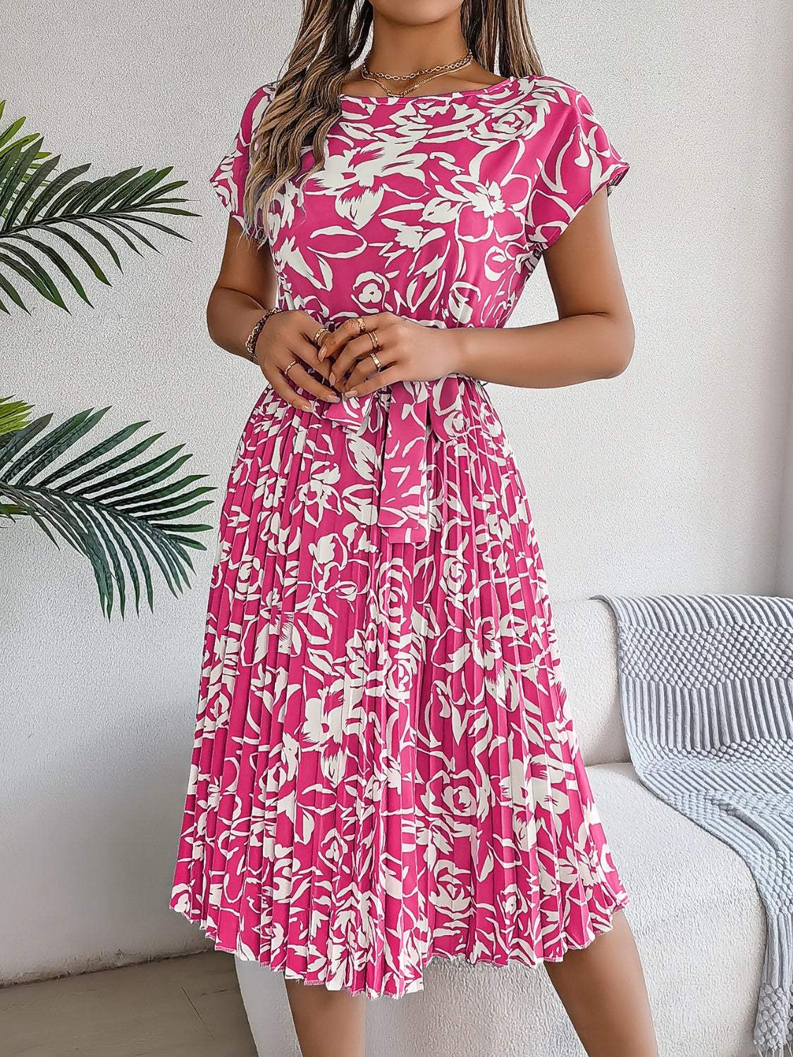 Tied Pleated Printed Short Sleeve Dress - Trendsi - Flyclothing LLC