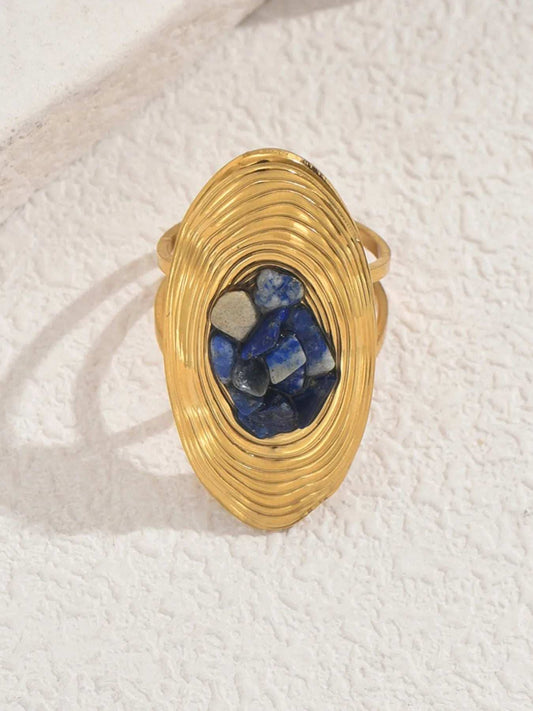 18K Gold-Plated Stainless Steel Oval Ring with Blue Crystal - Trendsi - Flyclothing LLC