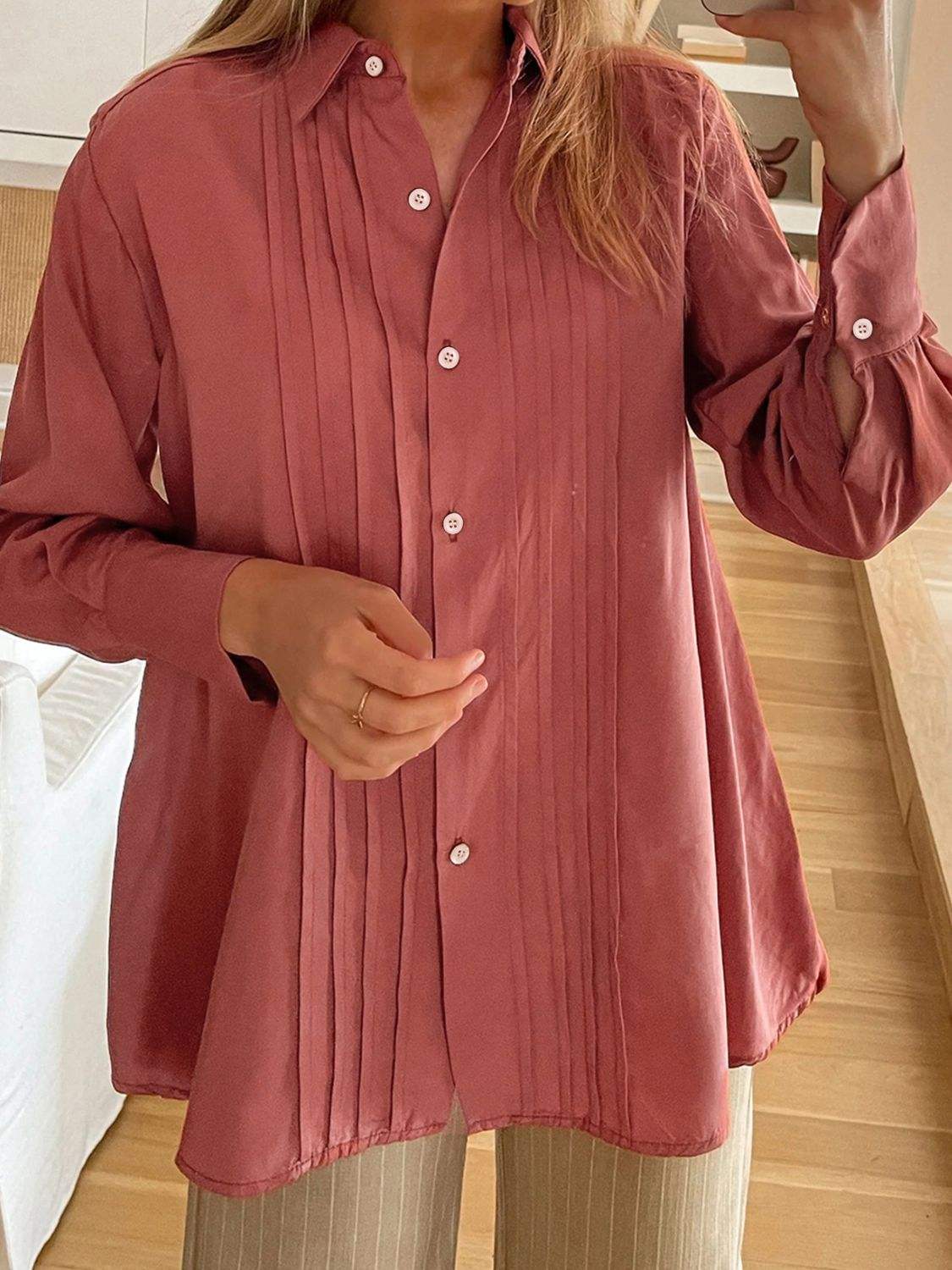 Perfee Ruched Collared Neck Long Sleeve Shirt - Trendsi - Flyclothing LLC