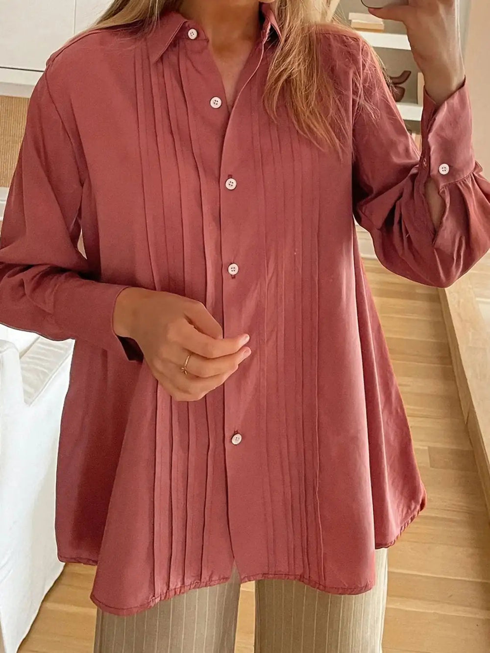 Perfee Ruched Collared Neck Long Sleeve Shirt - Trendsi